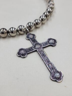 Vintage Silver Beaded Necklace With Cross Upcycled